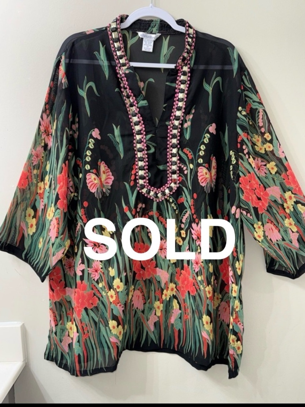 Silhouettes Sheer Floral Blouse Beaded Neck Tunic Top Boho 2X